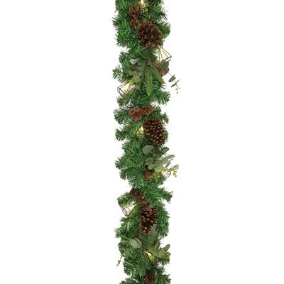 6ft Artificial Mixed Pine Cone Eucalyptus & Pine Christmas Garland with Geometric Pyramid String Light Set