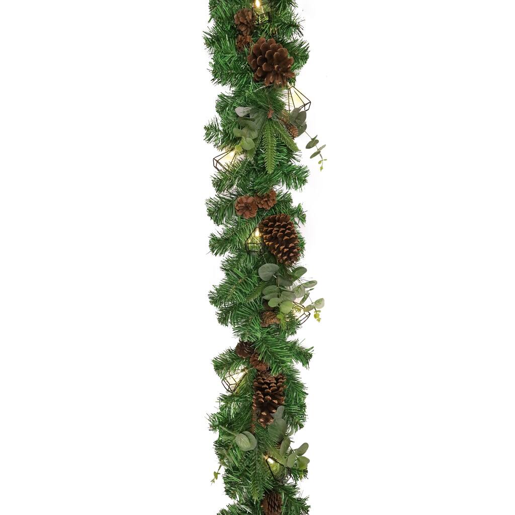 6ft Artificial Mixed Pine Cone Eucalyptus & Pine Christmas Garland with Geometric Pyramid String Light Set