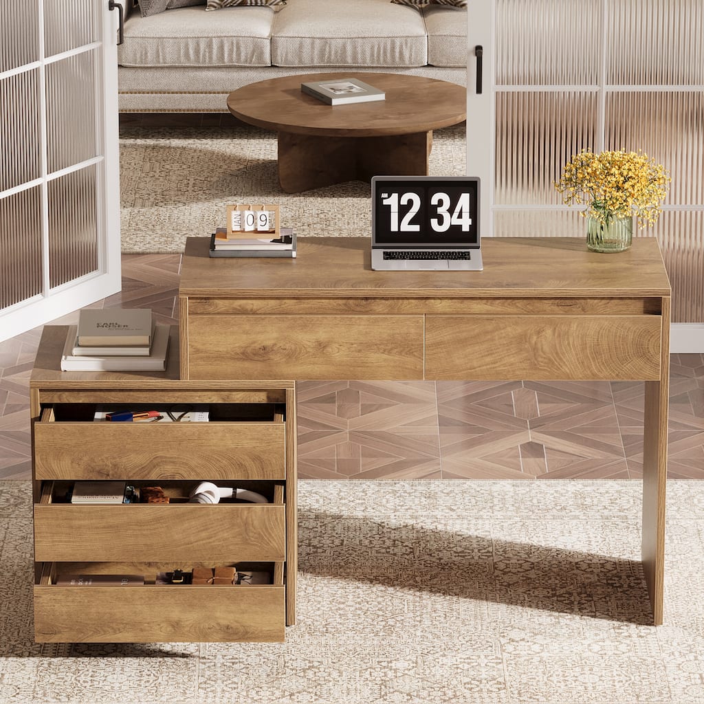 Industrial Computer Desk with 5 Drawers & File Cabinet, Rustic Wood Office Desk with Printer Stand for Small Spaces