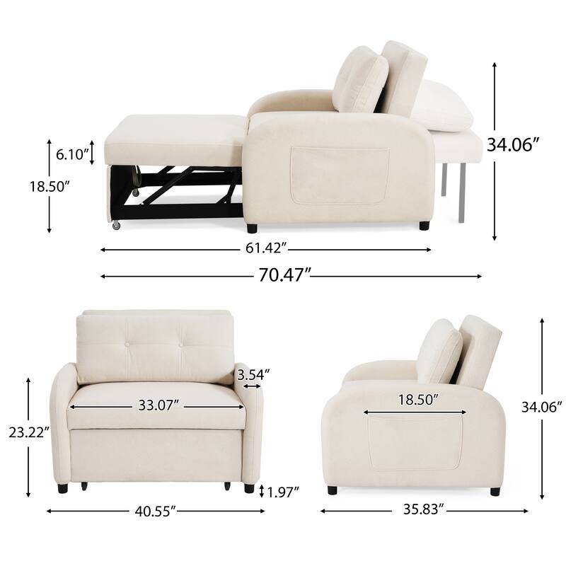 Cotton Linen 3-in-1 Sleeper Sofa Chair with Storage Pocket and Pillow