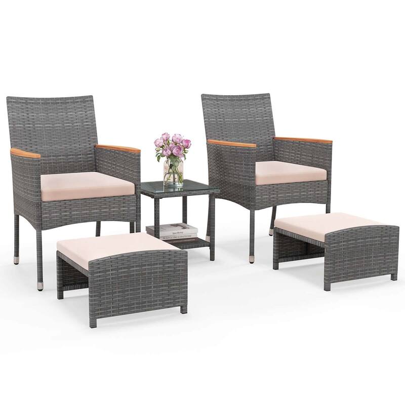 5PCS Wicker Rattan Outdoor Bistro Conversation Set Patio Chairs - Beige＆Gray