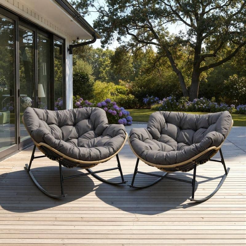 FINCATI Outdoor Rocking Papasan Chair, Rocking Chair Outdoor, 450 lbs Indoor Oversized Rocking Papasan, Comfy Rocking Egg Chair - 2 PCS-Grey