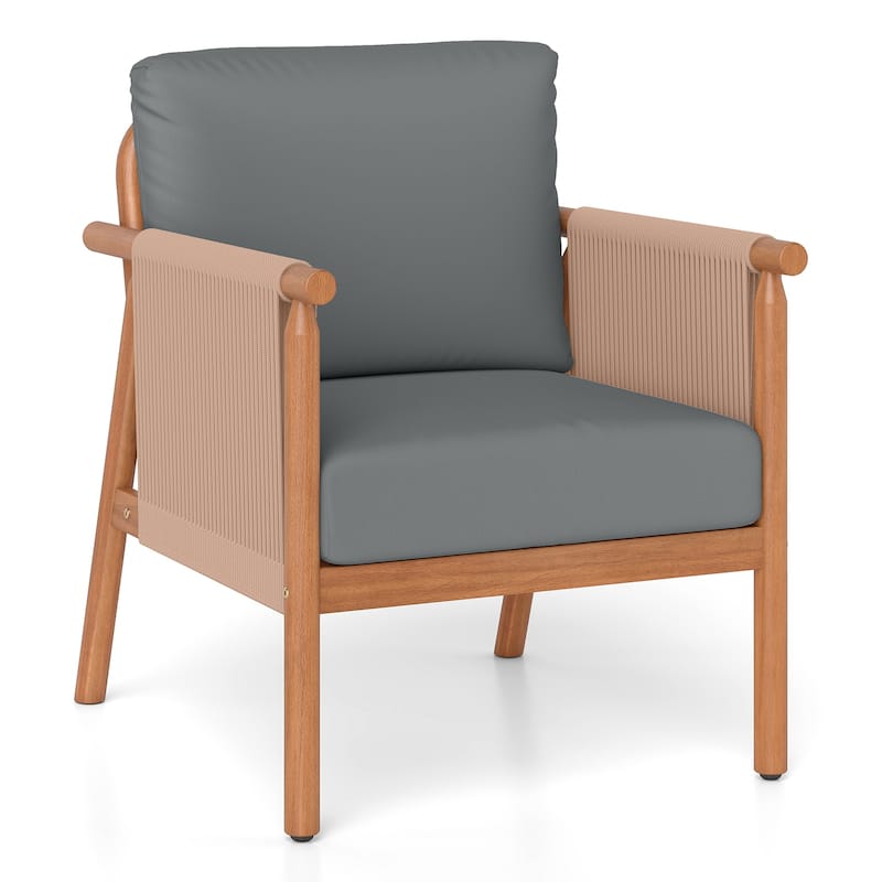 Gymax 2PCS Patio Acacia Wood Chair w/ Woven Rope Armrests & Seat Back