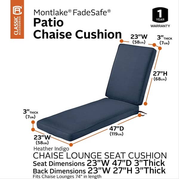 dimension image slide 4 of 6, Classic Accessories Montlake Water-Resistant 74 x 23 x 3 Inch Patio Chaise Lounge Cushion