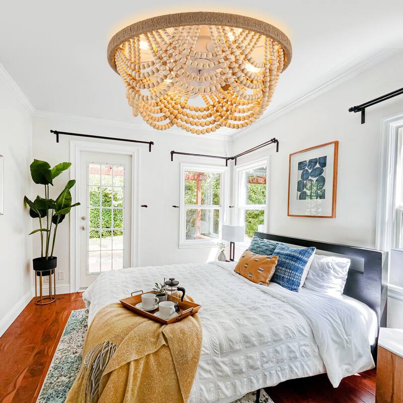 Cusp Barn 20" Boho Caged Ceiling Fan with Light and Remote, Flush Mount Low Profile Fandelier, Famhouse Wood Beaded Ceiling Fan