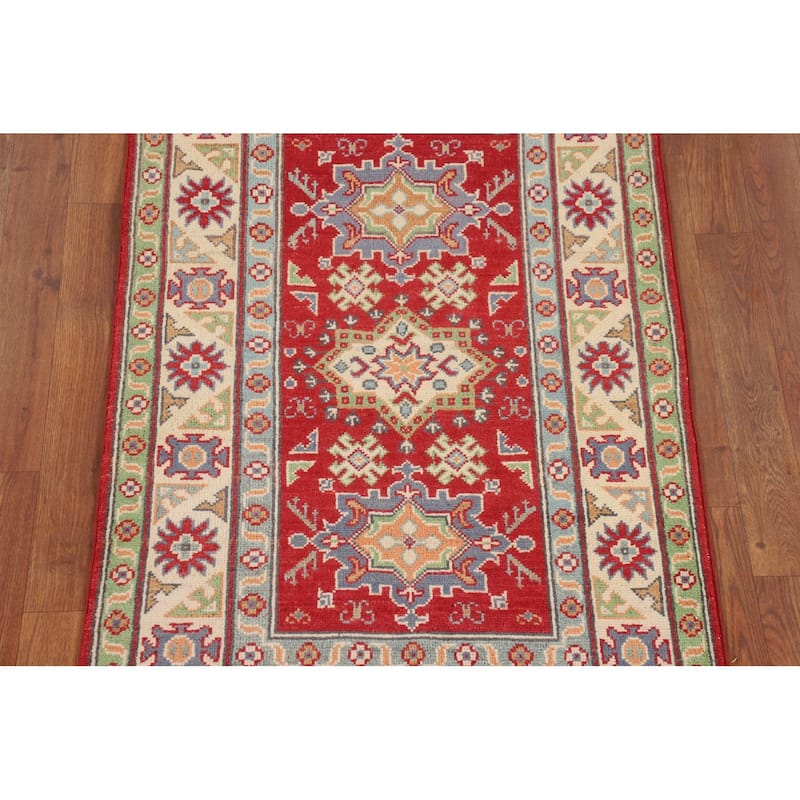 Geometric Kazak Foyer Rug Hand-Knotted Oriental Red Wool Carpet - 2'7" x 4'2"