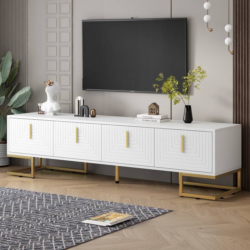 Contemporary TV Stand with Geometric Design, Metal Legs and Gold Handles, Storage for 80" TV - White