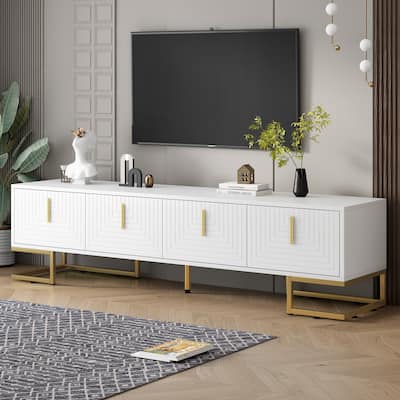 Contemporary TV Stand with Geometric Design, Metal Legs and Gold Handles, Storage for 80" TV
