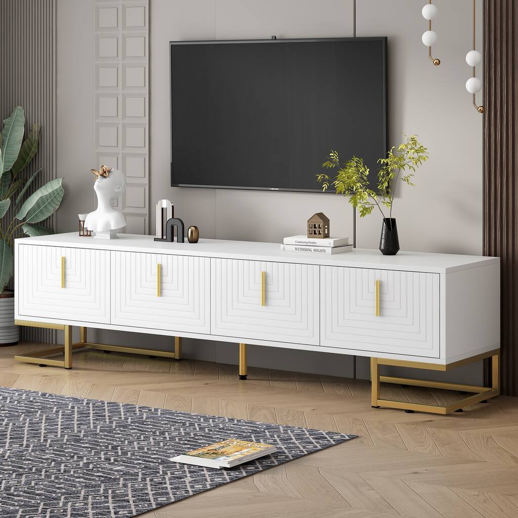 Sleek TV Console with Gold Handles, Metal Legs, Geometric Design, Adjustable Shelves for 80" TVs