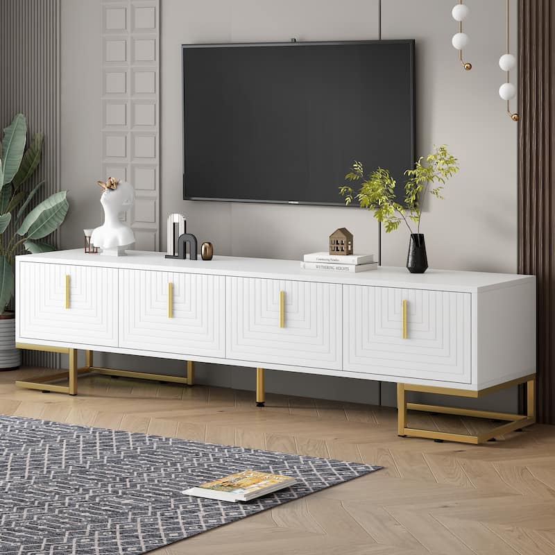 White+Gold 70" TV Stand with Gold Handles & Adjustable Shelves for TVs Up to 80" - White+Gold