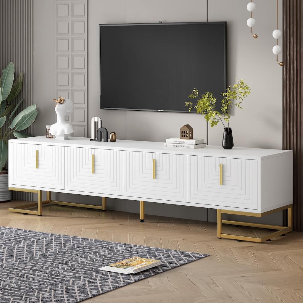 White+Gold 70.8" TV Stand with Gold Handles, Cabinets and Adjustable Shelves for TVs Up to 80"