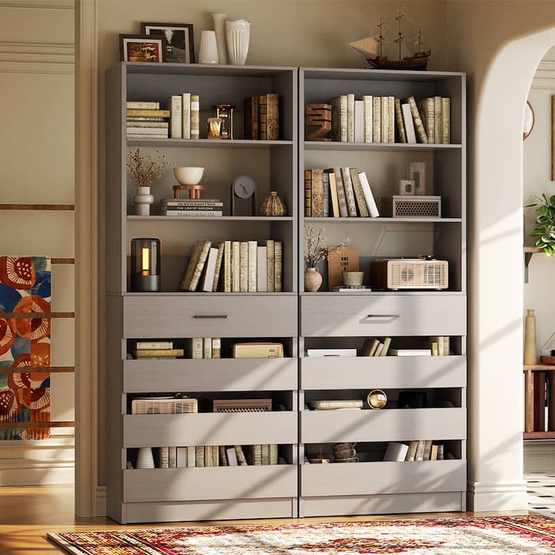 21.3" Storage Cabinet Bookshelf with Charging Station and 3 Wood Drawers, Freestanding Closet System with Storage Shelves