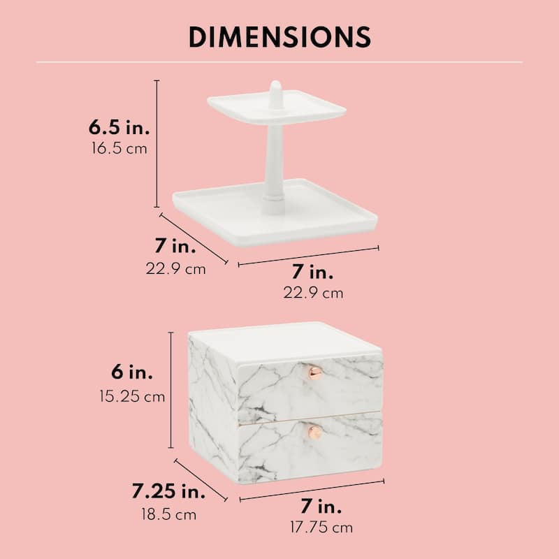 Marble Jewelry Display Tray and Makeup Organizer with Drawer for Vanity (7.3 x 7.7 x 13 in)