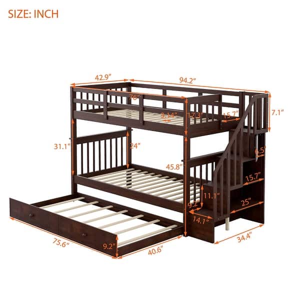 dimension image slide 0 of 3, Roomfitters Stairway Twin-Over-Twin Bunk Bed with Twin Trundle, Sturdy Wooden Frame, Built-in Steps, Safety Guardrails
