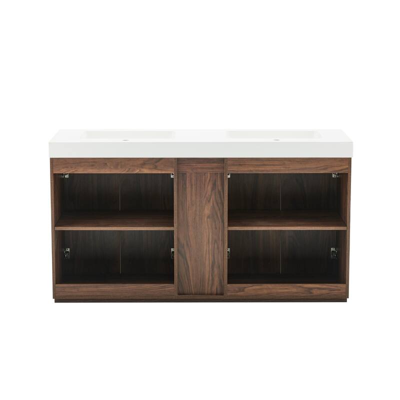 GDFStudio - Galan 60" Freestanding Bathroom Vanity with Quartz Sink, Solf Close Doors, Open Storage Shelf, NO Drain & Faucet