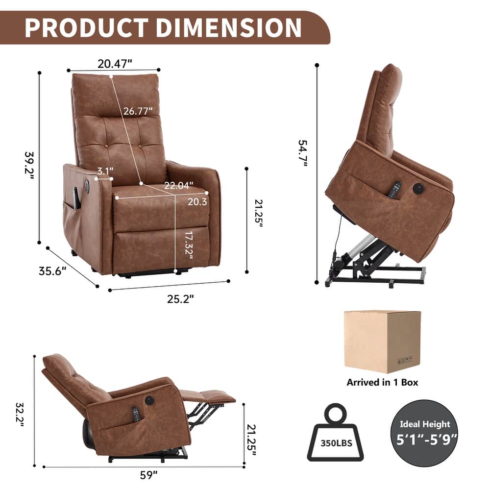 Power Lift Recliner Chair with Massage & Heat, PU Leather Single Motor Heavy Duty Recliner Chair, Lounge Chair with USB Port