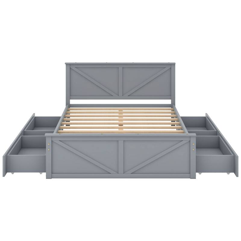 Wooden platform bed with four storage drawers
