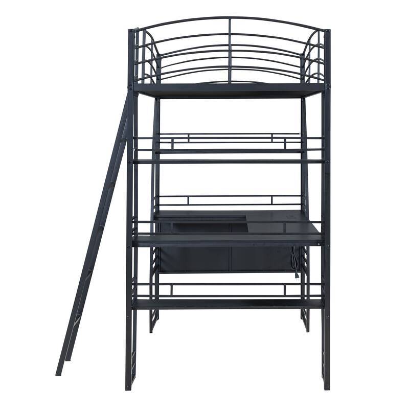Full/Twin Loft Bed with L-Shaped Desk, 4 Storage Shelves, Sockets, USB Ports, Wireless Charging, and Metal Frame