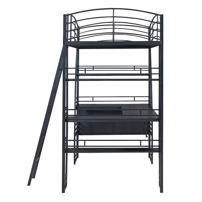 Metal Loft Bed Frame, Under Bed with 4 Layers of Shelves & L-shaped Desk, Desktop with Sockets, USB Ports, Wireless Charging