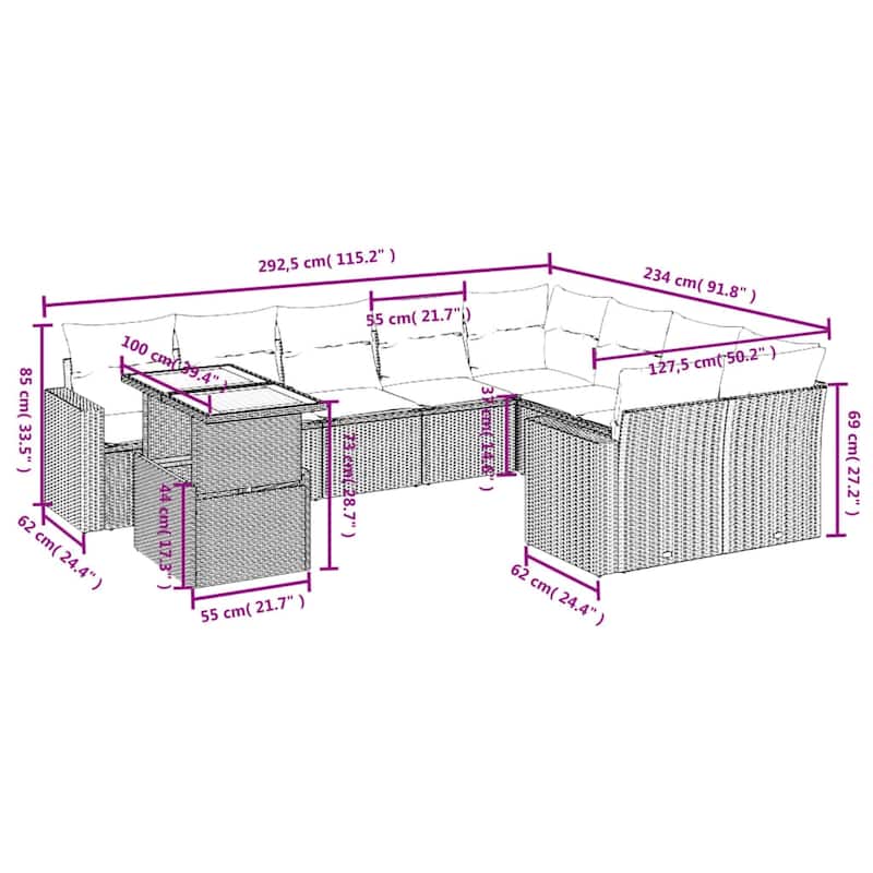 vidaXL Patio Sofa Set with Cushions Outdoor Furniture 10 Piece Poly Rattan - 24.4 x 24.4 x 27.2