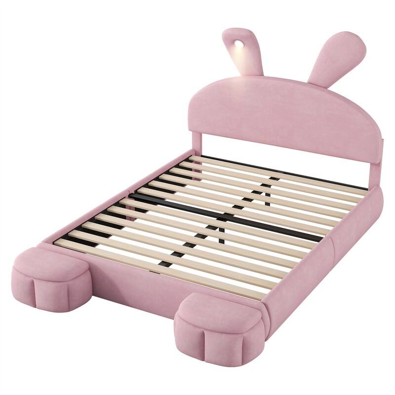 Twin/Full Size Upholstered Platform Bed with Cartoon Ears Shaped Headboard & Light, Cute Kids Bed Frame w/2 Small Storage Stools