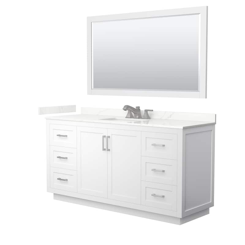 Miranda 66-inch Single Vanity, Quartz Top, 58-inch Mirror - White, Nickel Trim, Giotto Quartz Top