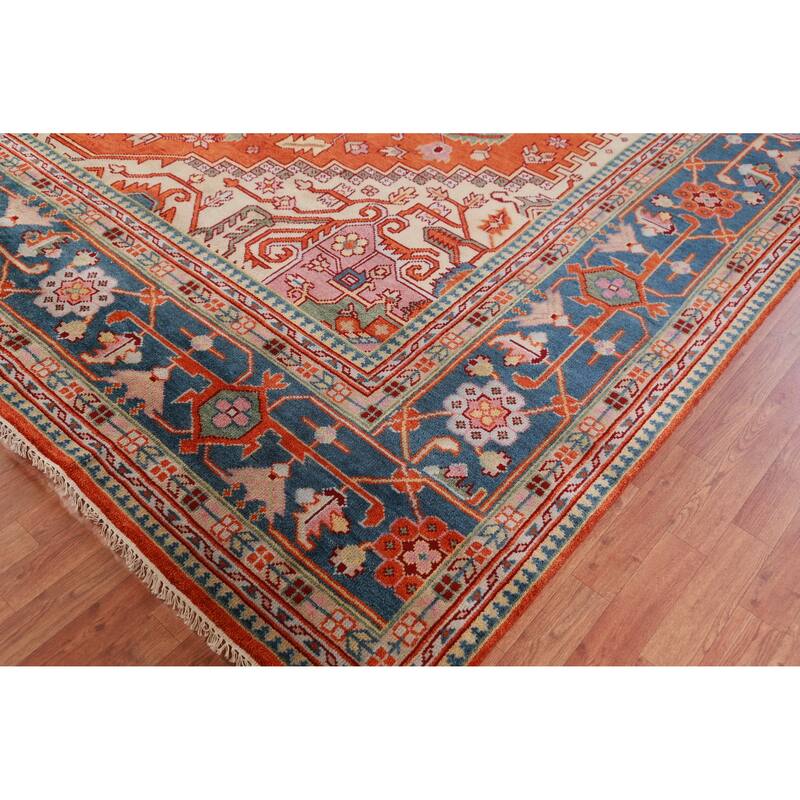 Hand Knotted Oriental 100% Wool Carpet Traditional Medallion Oranges & Rust Heriz (serapi) Area Rug - 14' 9'' X 11' 10''