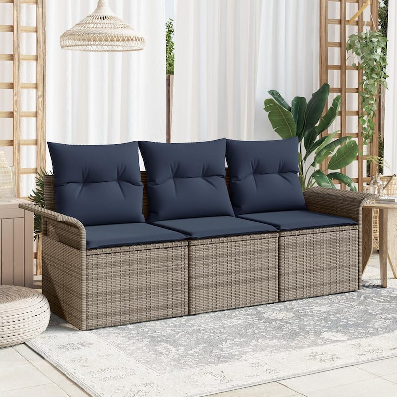 vidaXL 3-Seater Garden Sofa with Cushions Black/Brown/Grey Poly Rattan - 24.4 x 77.2 x 27.2 - Gray