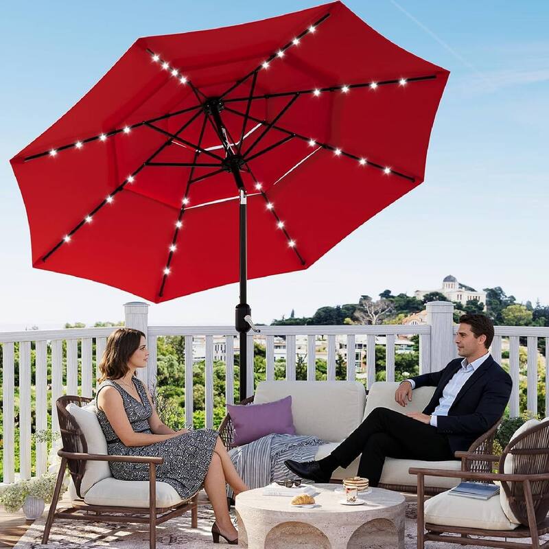 3-Tier 10Ft Patio Umbrella, Easy Crank and Push Button Tilt for Pool, Deck, Yard, Garden with LED Lights (No Base) - Red