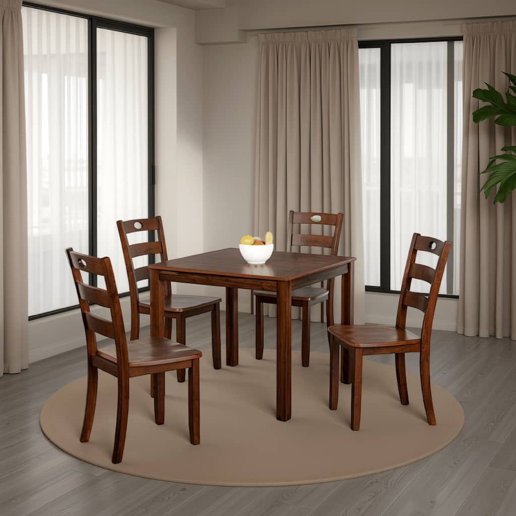 Lasie 5 Piece Dining Table Set, 4 Chairs, Slatted Backs, Brown Solid Wood