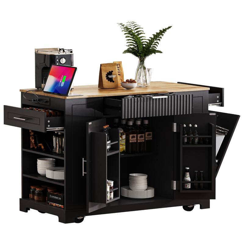Fluted Kitchen Island with Trash Can Storage Cabinet, Power Outlet, Rolling Kitchen Islands on 5 Wheels with 3 Open Side Racks