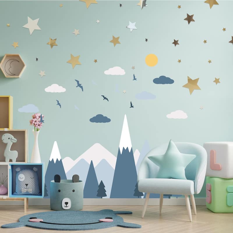 Walplus Blue Mountains With Stars Mirror Art Nursery Wall Stickers Decals