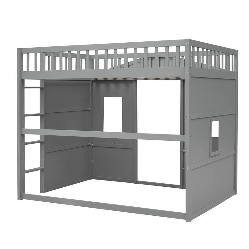 Modern Twin/Full Loft Bed with Ladder, Solid Pine Wood, Safety Guardrails