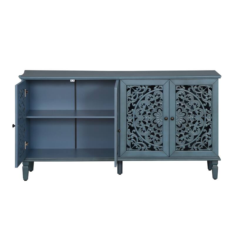 Roomfitters 60" Antique Buffet Cabinet, Floral Carved 4-Door Sideboard with Solid Wood Legs & Brass Handles