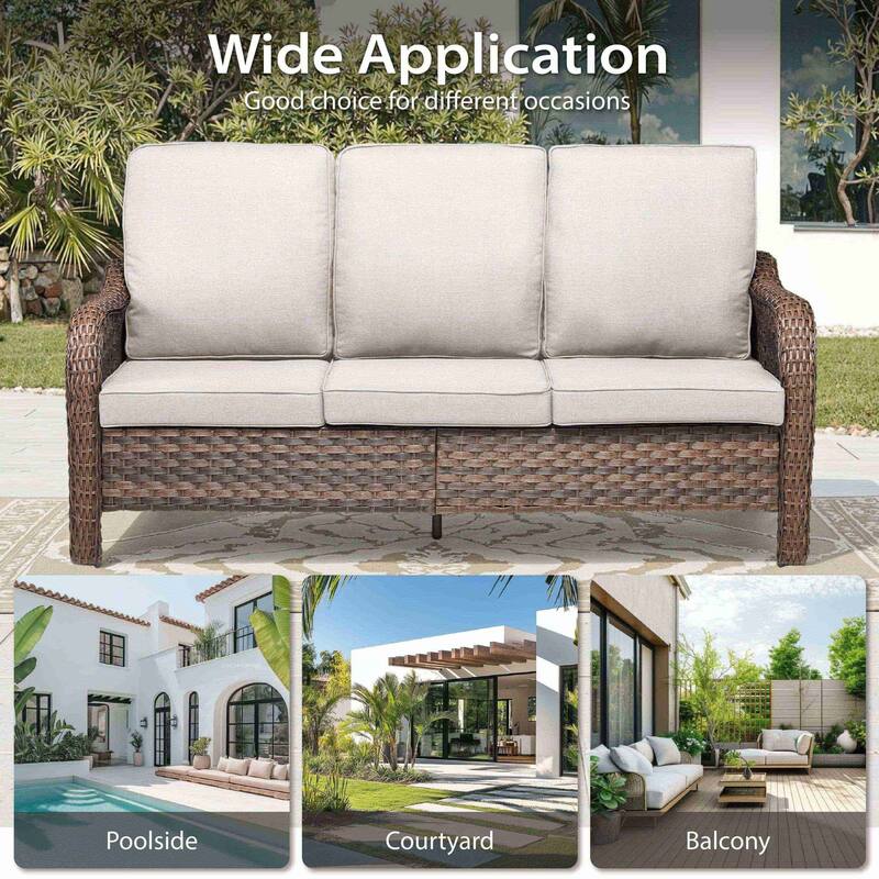 Cavira Brown Wicker Outdoor Patio 3-Seat Sofa with Olefin Cushions