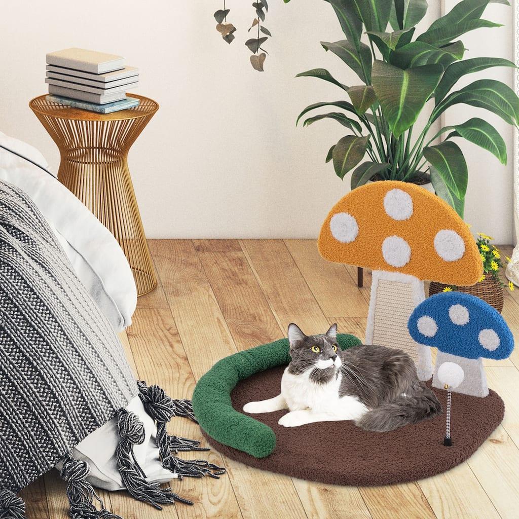 Cat Bed with Mushroom Design and Sisal Scratching Panel for Claw Care - 23" x 19.5" x 17"