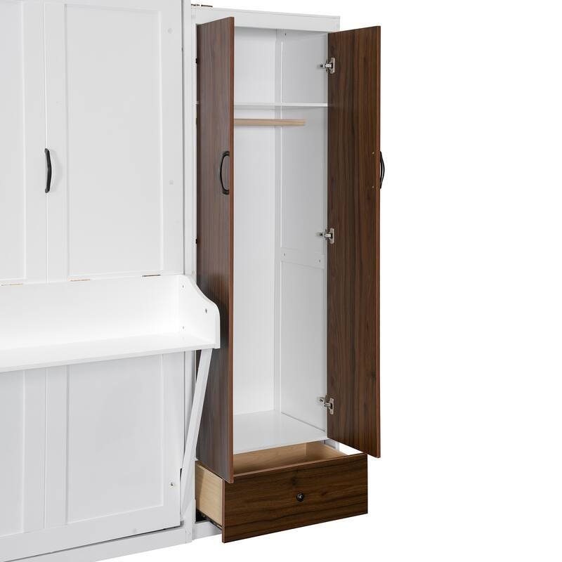 Queen Size Wall Bed with Built-in Closet, Drop-Down Table & Storage Drawers, Space-Saving Folding Design with LED Light