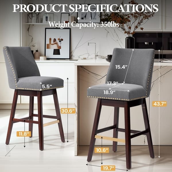 dimension image slide 4 of 6, Pellebant 30.6'' H Solid Wood Swivel Bar Stool with Back