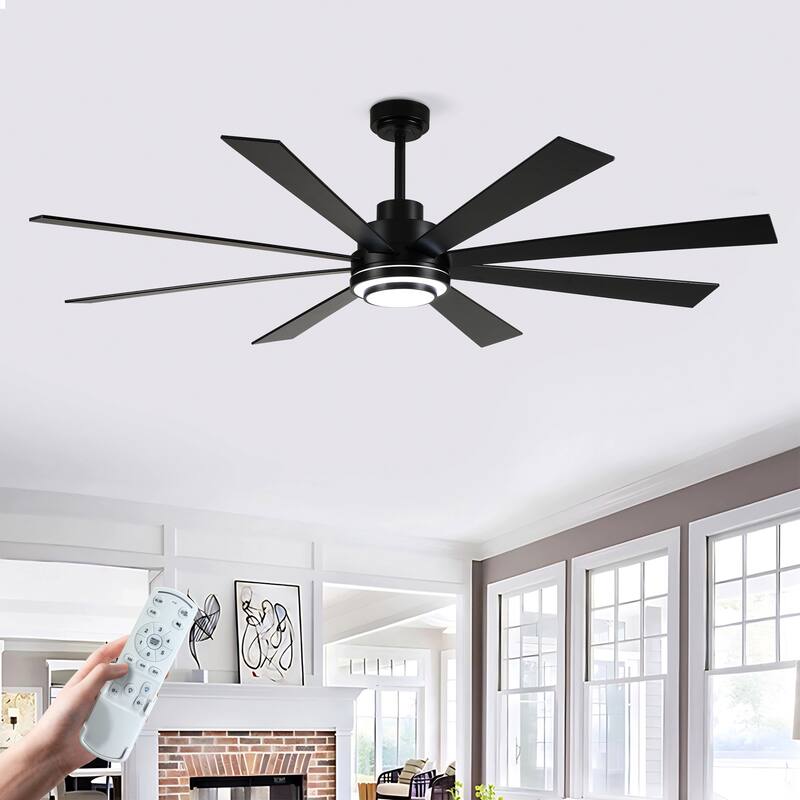 72 Inch 8 PCS Plywood Reversible Blades Ceiling Fan With Light Kit 3 Color Dimmable LED, DC 6 Speed ,Remote Control - Matte Black,Wood