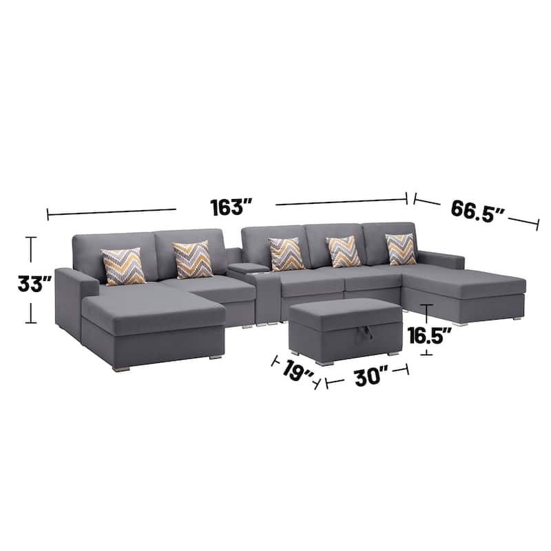 Linen Fabric 7 Piece U-Shaped Double Chaise Sectional Sofa with Interchangeable Legs and Storage Console Table