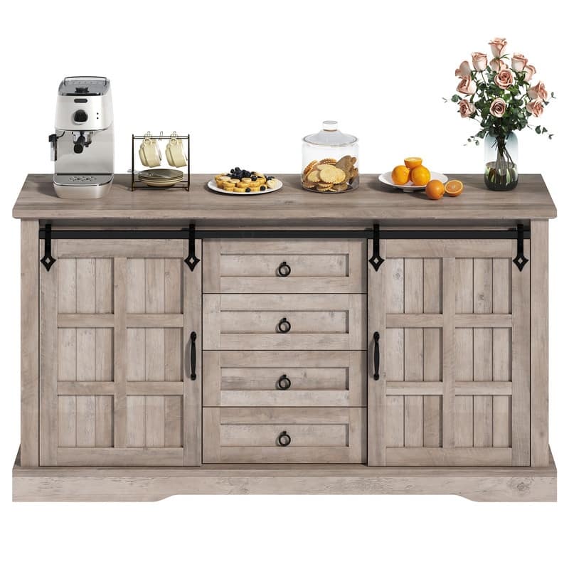 Farmhouse Sideboard Buffet Cabinet with Storage-Sliding Barn Doors and 4 Drawers
