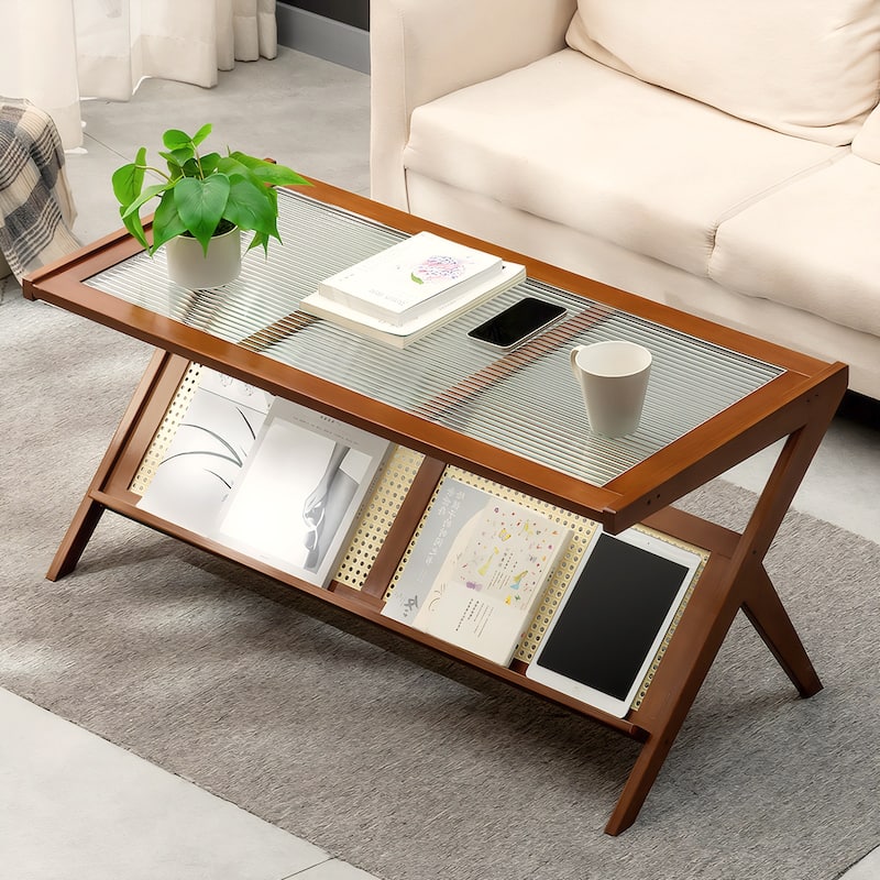 Rattan Coffee Tables with Glass Top, Boho Center Table with Storage
