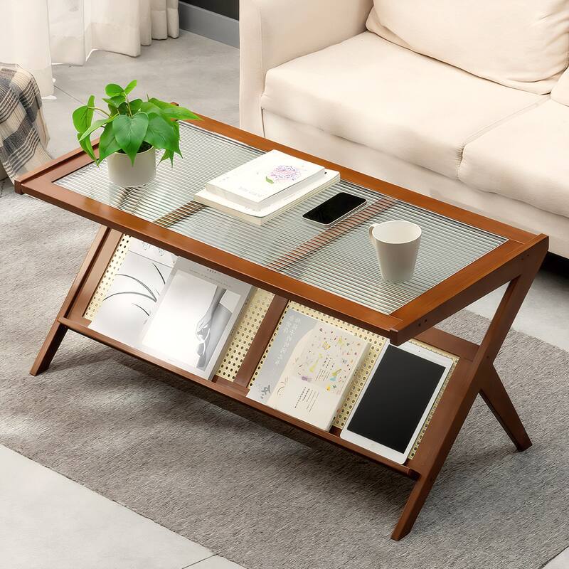 Rustic Bamboo Coffee Table End Table with Corrugated Glass Top, Modern Z-Shaped Center Table Office Table