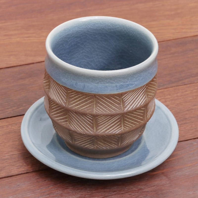 Handmade Comfort Etches Celadon ceramic cup and saucer (Thailand)