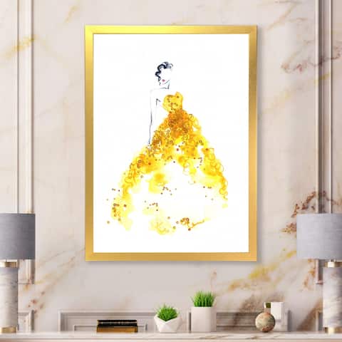 Designart "Elegant Yellow Woman Dress" Glam Framed Wall Decor