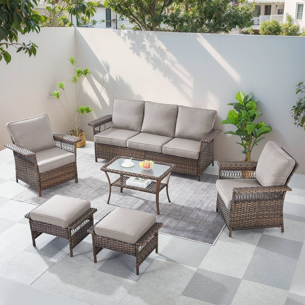 Gymojoy Outdoor 3-Seat Sofa, Club Chairs, Coffee Table and Ottomans