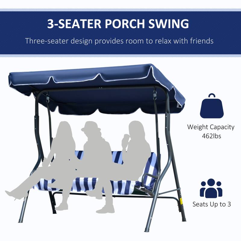 Outsunny 3-Person Porch Swing with Canopy, Patio Swing Chair, Outdoor Canopy Swing Bench with Adjustable Shade, Cushion