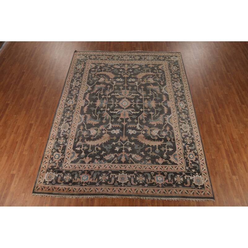 All-Over Floral Oushak Indian Area Rug Hand-Knotted Wool Carpet - 9'1" x 11'8"