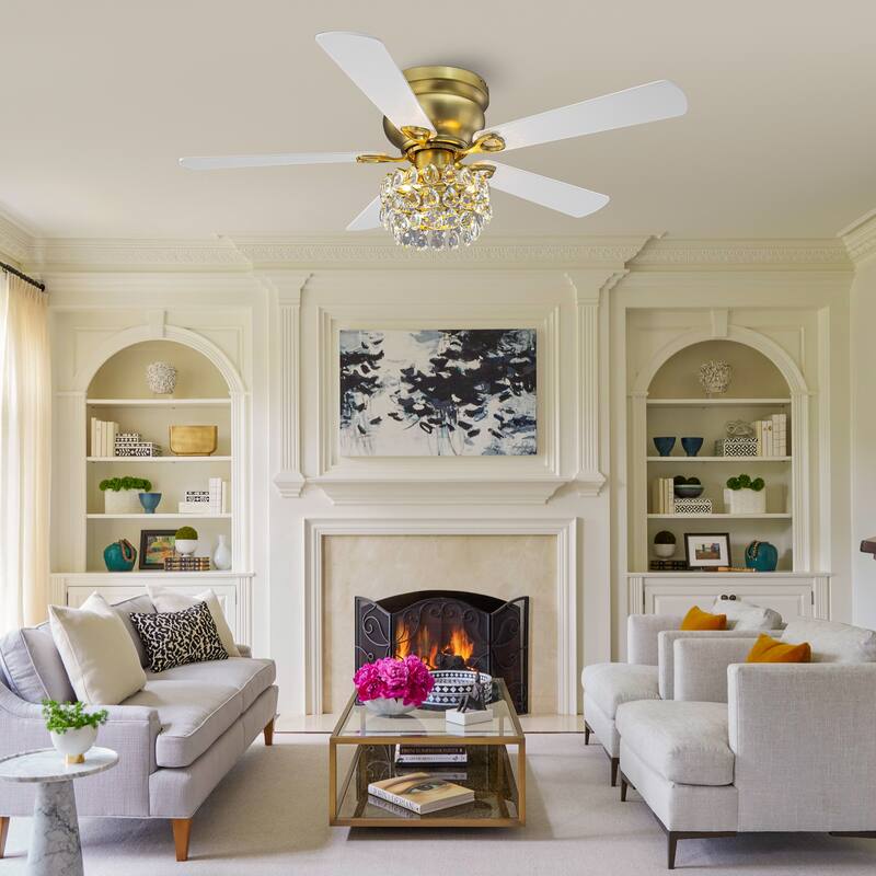 48-inch Modern Brass Crystal Low Profile Chandelier Ceiling Fan with Light and Remote Control - 48"Wx15.1"H