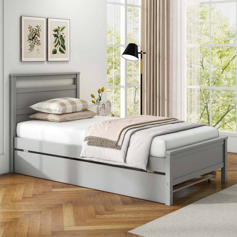 Costway Twin Size Platform Bed with Trundle Pull-out Trundle Headboard